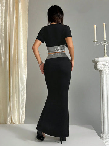 Elegant Women's Summer Asymmetrical Color Block Short Sleeve Top And Mermaid Hem Long Bodycon Skirt Suit Set