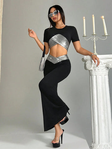 Elegant Women's Summer Asymmetrical Color Block Short Sleeve Top And Mermaid Hem Long Bodycon Skirt Suit Set