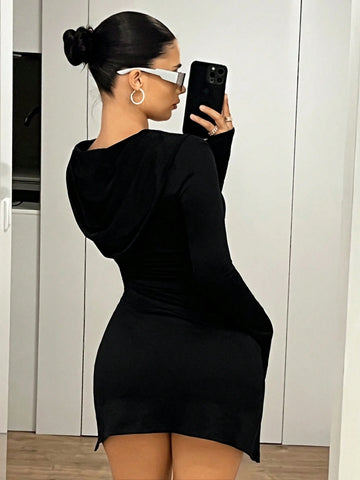Fitted Scoop Neck Cinched Waist High Slit Dress For Women