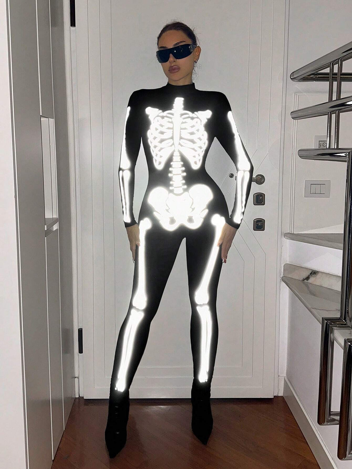 Going Out Tops Rave Festival Outfits Halloween Costume Halloween Outfits Glow-In-The-Dark Skull Printed Mock Neck Jumpsuit