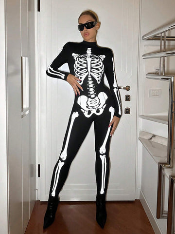 Going Out Tops Rave Festival Outfits Halloween Costume Halloween Outfits Glow-In-The-Dark Skull Printed Mock Neck Jumpsuit