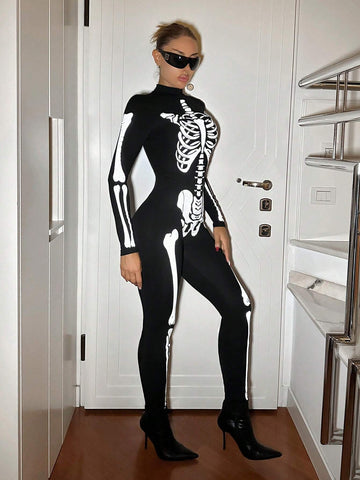 Going Out Tops Rave Festival Outfits Halloween Costume Halloween Outfits Glow-In-The-Dark Skull Printed Mock Neck Jumpsuit