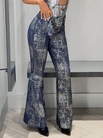 ICON Graphic Print Flare Leg Pants With Belt