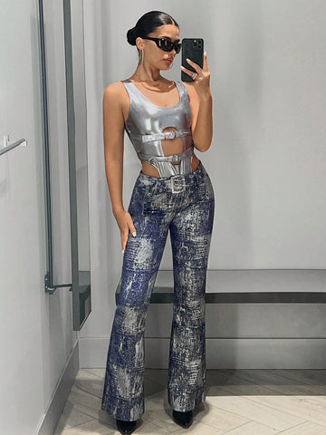 ICON Graphic Print Flare Leg Pants With Belt