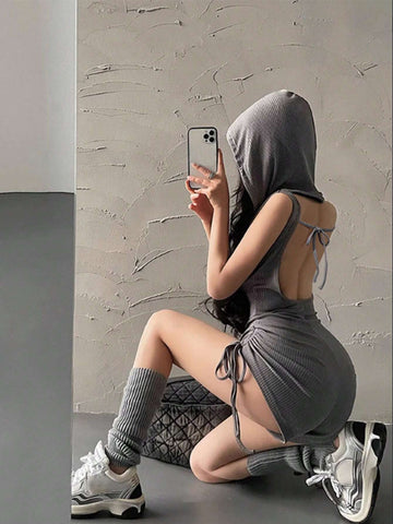 Grey Sleeveless Backless Hooded Jumpsuit For Women, Summer Casual Drawstring Romper With Chic Design