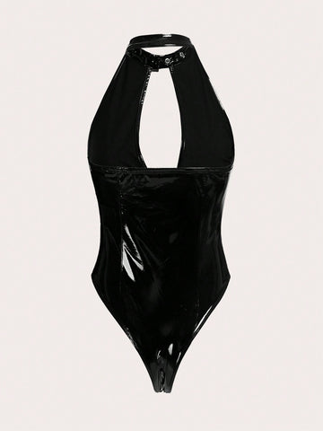 Halloween Contrast Mesh Cut Out PU Leather Halter Bodysuit