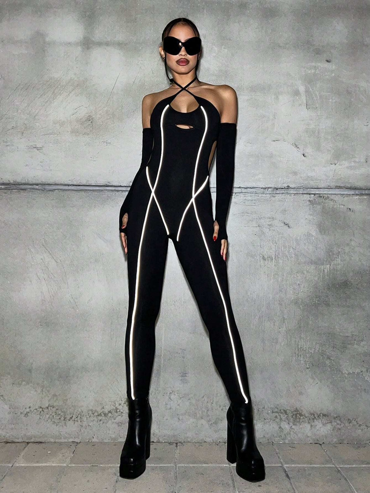 Halter Hollow Out Tight Color Block Trim Jumpsuit With Sleeve Detail