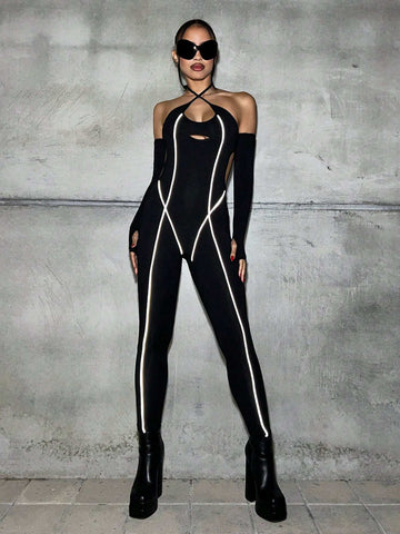 Halter Hollow Out Tight Color Block Trim Jumpsuit With Sleeve Detail