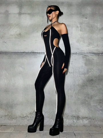 Halter Hollow Out Tight Color Block Trim Jumpsuit With Sleeve Detail