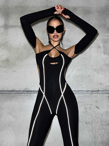 Halter Hollow Out Tight Color Block Trim Jumpsuit With Sleeve Detail