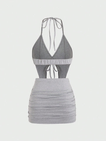 Halter Top & Pleated Skirt Set With Strap