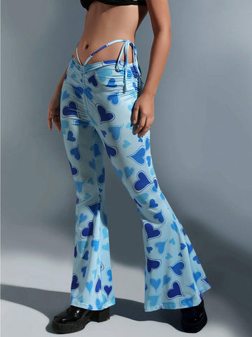 ICON Heart Print Tie Side Flare Leg Pants