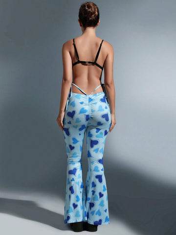 ICON Heart Print Tie Side Flare Leg Pants
