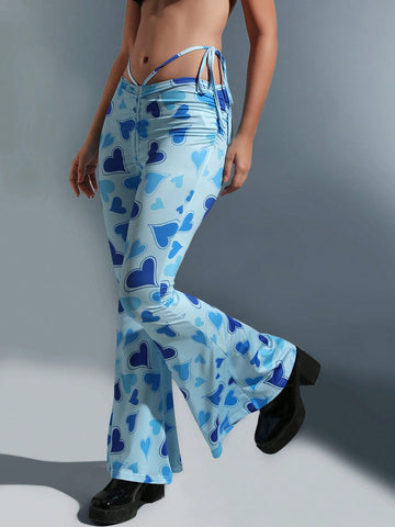 ICON Heart Print Tie Side Flare Leg Pants