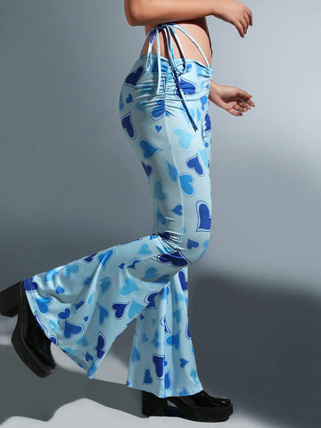 ICON Heart Print Tie Side Flare Leg Pants