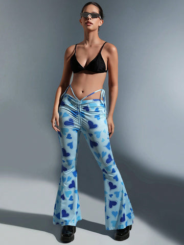 ICON Heart Print Tie Side Flare Leg Pants