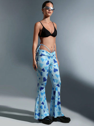 ICON Heart Print Tie Side Flare Leg Pants