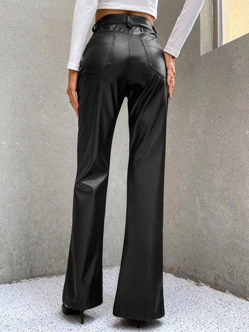 ICON High Waist Slit Hem PU Leather Flare Leg Pants