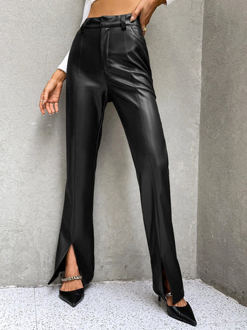 ICON High Waist Slit Hem PU Leather Flare Leg Pants