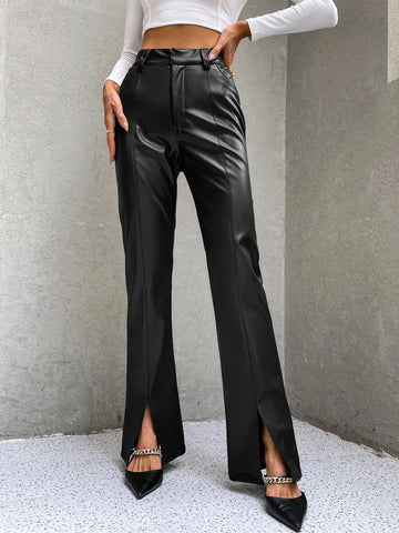 ICON High Waist Slit Hem PU Leather Flare Leg Pants