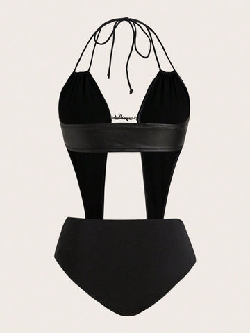 Hollow Out Faux Leather Halter Neck Bodysuit