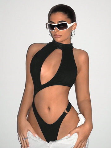 Hollow Out Halter Sleeveless Bodysuit