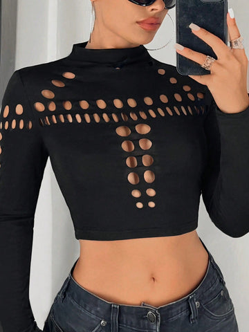 Hollow Out Mock Neck Crop Tee
