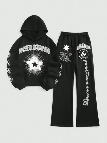 Hooded Sweatshirt And Pants Set With Printed Pattern