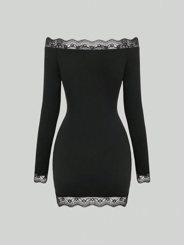 ICON Lace Patchwork Off Shoulder Slim Fit Dress