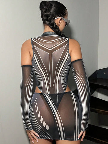Ladies Cyberpunk Tight-Fitting Hollow Out Cold-Shoulder Set