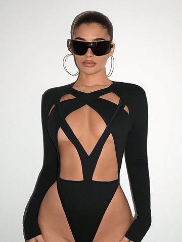 Ladies' Hollow Out Long Sleeve Bodysuit