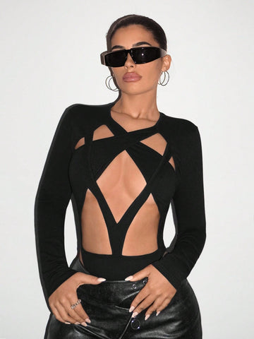 Ladies' Hollow Out Long Sleeve Bodysuit