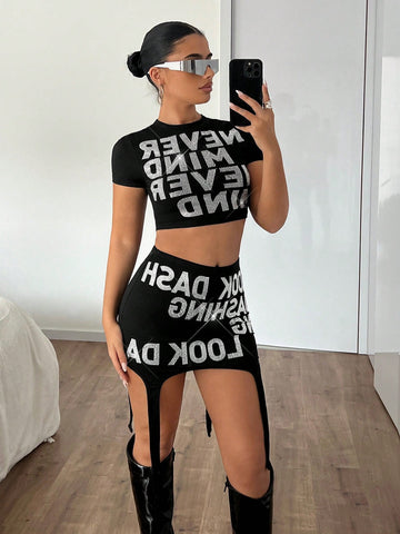 Ladies' Slim Fit T-Shirt With Large Rhinestone Print Paired With Irregular Hem Skirt Two Piece Set