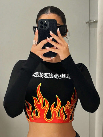 Letter And Flame Pattern Printed Cropped T-Shirt