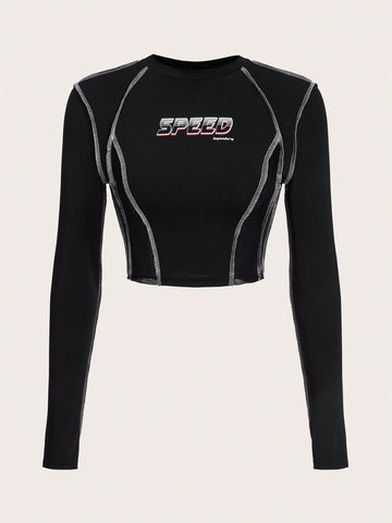 Letter Graphic Top-stitching Crop Tee