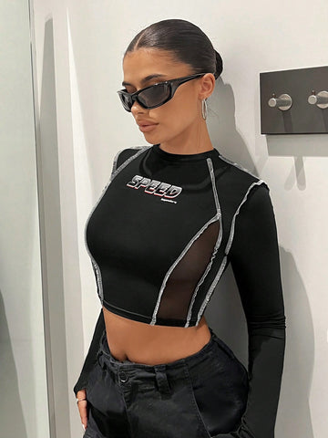 Letter Graphic Top-stitching Crop Tee