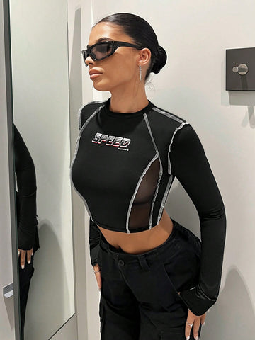 Letter Graphic Top-stitching Crop Tee