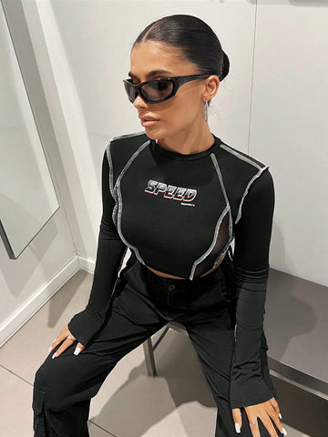 Letter Graphic Top-stitching Crop Tee