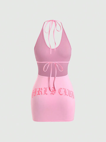 ICON Letter Print Backless Halter Neck Knotted Mini Dress