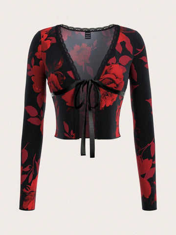 Long Sleeve Floral Print Lace Trim Cardigan Y2K Black And Red New Years V Neck Sexy Top