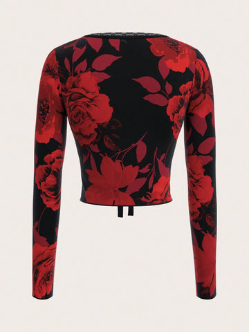 Long Sleeve Floral Print Lace Trim Cardigan Y2K Black And Red New Years V Neck Sexy Top