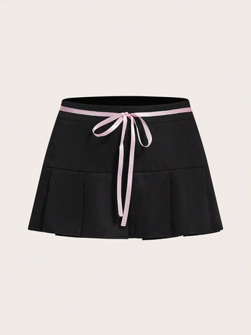 ICON Low Waist Slim Fit Skirt With Wide Pleats And Bow Decor For Women
