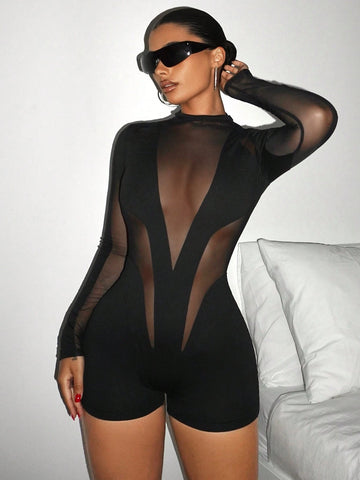 Mesh Hollow Out Tight Y2K Going Out Fall Black Long Sleeve Mesh Splice Sheer Women Leggings Jumpsuit
