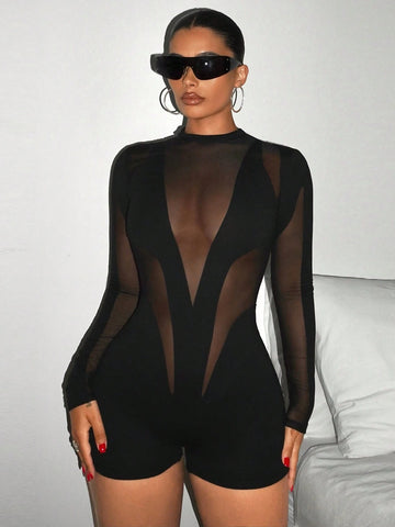 Mesh Hollow Out Tight Y2K Going Out Fall Black Long Sleeve Mesh Splice Sheer Women Leggings Jumpsuit