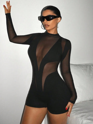Mesh Hollow Out Tight Y2K Going Out Fall Black Long Sleeve Mesh Splice Sheer Women Leggings Jumpsuit