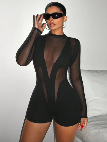 Mesh Hollow Out Tight Y2K Going Out Fall Black Long Sleeve Mesh Splice Sheer Women Leggings Jumpsuit