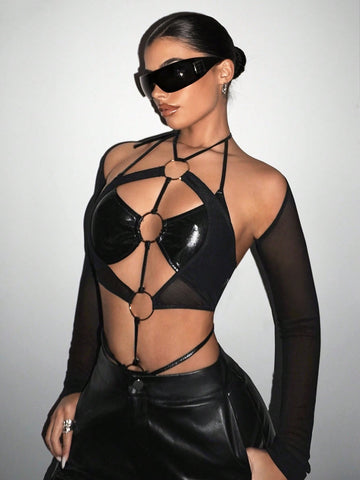 Mesh Patchwork Ring Detail Bodysuit