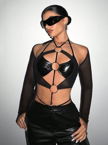 Mesh Patchwork Ring Detail Bodysuit