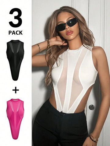 Mesh Splice High Waisted Hollow Out Multicolor Jumpsuit Bundle Pack