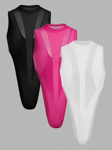 Mesh Splice High Waisted Hollow Out Multicolor Jumpsuit Bundle Pack